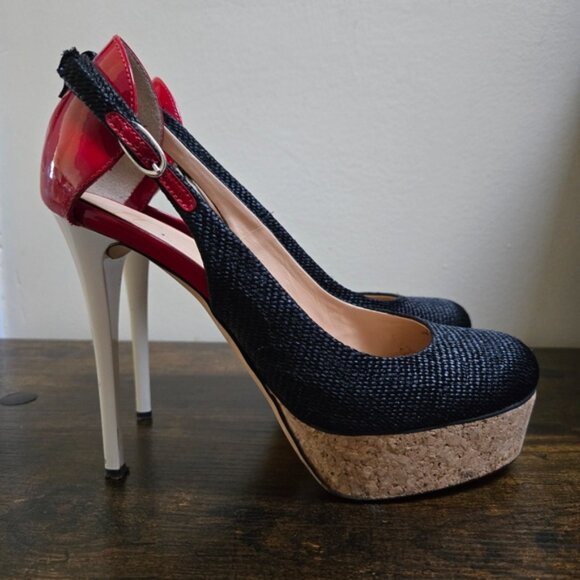 Giuseppe Zanotti Black Canvas Patent Leather Cork Platform Slingback Pumps - Picture 3 of 11